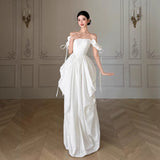 French Word Shoulder Light Wedding Dress Small Simple White Engagement Dress Temperament Welcome Bride Morning Robe Yarn HZ0517