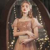 Golden Bubble Sleeve Dress Women's 2026 New Banquet Performance Chorus Stage Show Wedding Beauty Evening Dress HZ0517