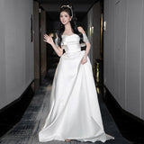 French-Style Sintered Light Wedding Dress With A Word Of The Bride's Engagement Certificate Registration Dress Simple Daily Bow Small White Dress HZ0517