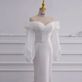 One-Word Shoulder Long-Sleeved Light Wedding Dress 2026 New Simple Denigami With Thick Arm Repair Fishtail Bridal Dress Dress Girl HZ0517