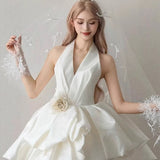 French Hanging Neck Light Wedding Dress 2026 New White Simple Set Of Face Bride Wedding Short Birthday Sexy Dress HZ0517