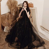 Black Evening Dress Long V-Neck Slim Thin French Light Luxury Small Dress Annual Art Exam Dress HZ0517