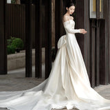 One-Word Shoulder Long-Sleeved Light Wedding Dress Yarn Main Yarn High-End Light Luxury Go Out Yarn French Big Tail Bride Wedding Dress HZ0517
