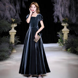 Velvet Evening Dress 2026 New Long-Term Feel Host Girl's Art Exam Banquet Temperament Short-Sleeved Dress HZ0517