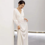 French Light Wedding Long-Sleeved V-Neck Simple Travel Shot White Thin Korean Bride Morning Pat Welcome Yarn Lace Dress HZ0517