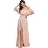 New One-Character Collar Solid-Colored Dress Sleeveless Long-Sleeved-Sided Chiffon Evening Dress Open Skirt HZ0517