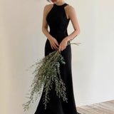 Korean Hepburn Evening Dress Birthday Banquet Temperament Ceremony Host Hanging Back Black Small Tail Dress HZ0517