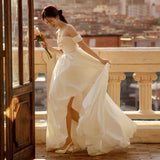 One-Word Shoulder-Peared Simple Wedding Dress Super Fairy Light Luxury Small Travel Light Wedding Dress Dress Dress HZ0517