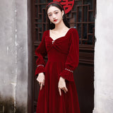 Toasting Bridal 2026 New Wine Red Long-Sleeved Velvet Engagement Back Door Toasting Banquet Dress HZ0517