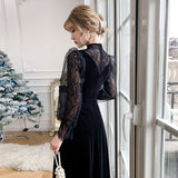 New Chinese Long-Collared Black Evening Dress Light Small Lace Hollow Long Sleeves Can Wear A Dress HZ0517