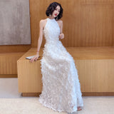 White Hanging Neck Dress Feather Design Temperament Banquet Birthday Fairy Dress Long Daily Dress HZ0517