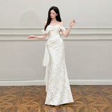 French Light Wedding Dress Simple White Shoulder Light Luxury Engagement Dress Fishtail Lace Fasci To Greet The Door HZ0517