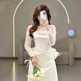 French-Style Fasley-Faced Shoulder-To-Shoulder Lace Long-Sleeved Dress High-Grade Sense Of Niche Temperament Simple Evening Dress HZ0517