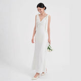 White Deep V-Neck Dress Dress High Waist-High Bow Long Shoulder Dress Engagement Dress HZ0517