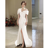 One-Word Shoulder Evening Dress Sexy Open White Art Exam Solo Performance Suit Waist Fishtail Small Tail Light Wedding Dress HZ0517
