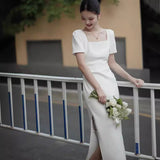 French Style Collar Short Sleeves Light Wedding Dress Dress Dress Bride Engagement Back Door Small Dress To Get A Little White Dress HZ0517