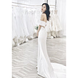 One-Word Shoulder Sexy Bare-Backed Stern Face Light Wedding Dress Simple Atmosphere Small Drag-Tailed Thin Fishtail Bride Wedding Evening Dress HZ0517