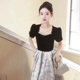 Vintage Square Collar Slimming Evening Dress Elegant High-End Banquet Party Dress Birthday Dress HZ0517