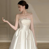 French Linden Light Wedding Dress 2026 New Bride Simple Boobs Go Out White Bowtail Dress HZ0517