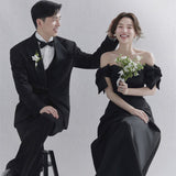 Shadow Studio Black Vertiny A Word Shoulder Light Wedding Dress Couple Take Pictures Theme Wedding Dress Fashion Retro Hepburn Style HZ0517
