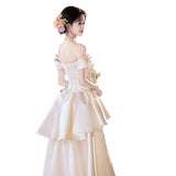 One-Word Shoulder-Singed Noodle Light Wedding Dress 2026 New Wedding Engagement Bow White Evening Dress Go Out Shading Ponpong Skirt HZ0517