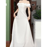 French One-Word Shoulder Niche Evening Dress White Dress Light Birthday Dress Temperament Light Wedding Dress HZ0517
