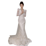 Summer Long-Sleeved Lace Light Wedding Dress 2026 New Bridal French Welcome Yarn Tug Fishtail Dress Dress HZ0517