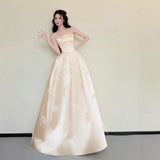Champagne-Colored Bow Design Engagement Evening Dress With Breast Fairy Bridal Morning Robe High Sense Of Simple Temperament Dress HZ0517
