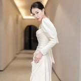 French Long-Sleeved Light Wedding Dress Bridal Temperament Simple Retro Fascling Yarn HZ0517