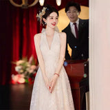 French Retro Lace Light Wedding Dress Sen Series Simple Hanging Sleeveless Long Morning Robe Engagement Welcome Dress Yarn HZ0517