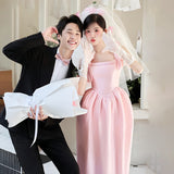 Pink Wedding Morning Robe French High-End Engagement Certificate Registration Light Wedding Bridal Dress Simple Small HZ0517