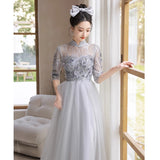 Silver Gray Evening Dress Female Banquet Temperament Light Luxury Small Sentient Day Banquet Host Dress High-End Dress HZ0517