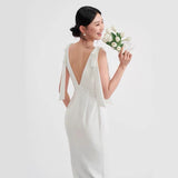 White Deep V-Neck Dress Dress High Waist-High Bow Long Shoulder Dress Engagement Dress HZ0517