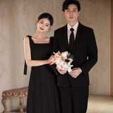 One-Word Shoulder Light Wedding Dress Super Xiansen Bridal Outdoor Welcome Out Yarn Temperament Simple Vertiny Black And White Evening Dress HZ0517