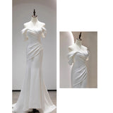 One-Word Shoulder Light Wedding Dress Bride Simple Body-Repaired Fishtail Temperament Welcome To Go Out Yarn French Super Fairy Dress HZ0517