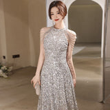 Silver Hanging Neck Body Short Dress Squin Light Luxury Niche Banquet Evening Dress Temperament Sexy Dress Senior Sense HZ0517
