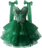 Layered Tulle Back To School Dress Sparkling Lace Decals Bow Strap Teen Short Prom Dress HZ0517