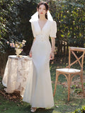 French White Evening Dress Femininity Banquet Sexy Fishtail Dress Long Host Small V-Neck Dress HZ0517