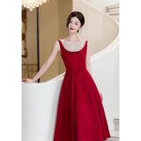 Red Vintage Bridal Engagement Evening Dress Banquet High-End Toasting Temperament Elegant Hepburn Style Simple Dress HZ0517