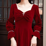 Toasting Bridal 2026 New Wine Red Long-Sleeved Velvet Engagement Back Door Toasting Banquet Dress HZ0517