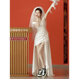 One-Word Shoulder Evening Dress Female Niche Light Luxury Banquet Temperament Graduate Adult Ceremony Certificate Registration Small White Dress Light Wedding Dress HZ0517