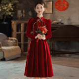 Toasting Bridal 2026 New Red Velvet Engagement Wedding Chinese Cheongsam Improved Evening Dress Long Sleeve HZ0517