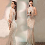 Fishtail Evening Dress New Banquet Sexy Hanging Neck Su Sequin Host Long Dresses HZ0517