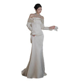 One-Word Shoulder Long-Sleeved Vertiny Face Light Wedding Dress Bride Goes Out Yarn Temperament Fishtail Simple French Engagement Wedding Dress Dress HZ0517