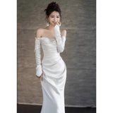 Long-Sleeved Vertiny Light Wedding Dress 2026 New Word-On Shoulder Simple Fishtail Yarn French Engagement Banquet Dress HZ0517