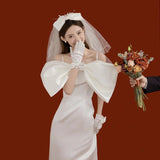 French Sling Light Wedding Dress Bridal Bridal Sen Tie Simple Super Fairy Bow Vertebry Fishtail Go Out Yarn Small Tail Dress HZ0517