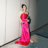 New Chinese Bridal Tset Bra Light Wedding Dress Red Evening Dress Vintage Yarn Showing Skinny Tail Morning Robe HZ0517