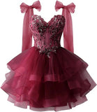 Layered Tulle Back To School Dress Sparkling Lace Decals Bow Strap Teen Short Prom Dress HZ0517