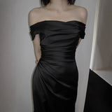 2025 New Set Of Front Light Wedding Dress A Word Shoulder Long Black Go Out Yarn Super Fairy Engagement Dress Dress Dress HZ0517