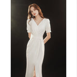 White Evening Dress Light Luxury Niche Banquet Temperament Can Usually Wear Sexy Fish Tail Certificate Registration Small White Dress Dress HZ0517